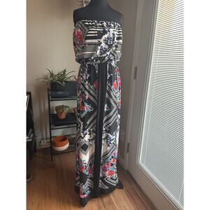 Paperdoll Strapless Maxi Dress Middle Slit Geometric & Floral Design Multicolor